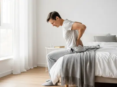 Person in gray pajamas sits on bed, holding back in pain. Bright bedroom with white and gray decor, wooden floor, and soft lighting.