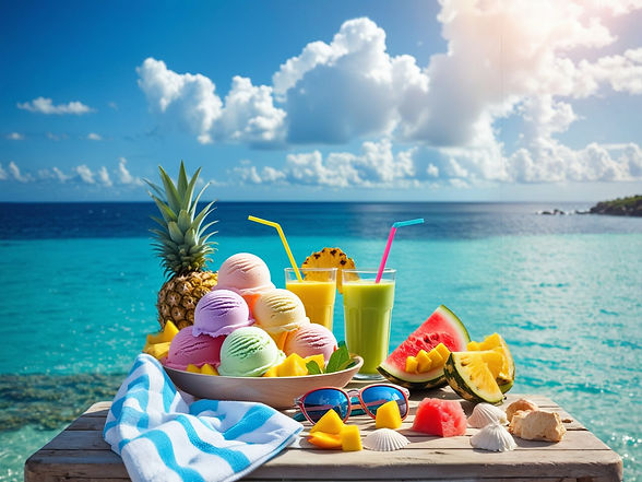 A vibrant summer-themed scene with the sea in the background, a clear blue sky with soft c