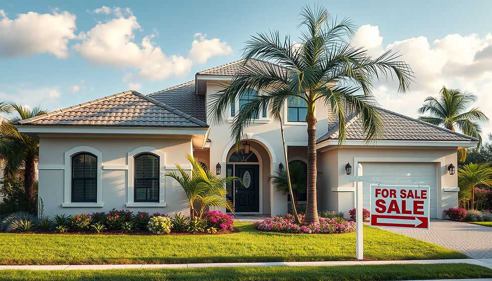Eye-level view of a suburban house with a "For Sale" sign in the front yard