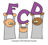 three people cartoon icons in grey shirts holding up the letters FCD
