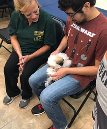 one of our consumers enjoying puppy day holding a small white puppy on his lap