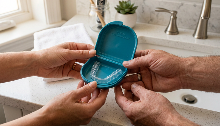 Hands hold a blue dental retainer case with a clear aligner in a bright bathroom; DENTAL RETAINER CASE visible.
