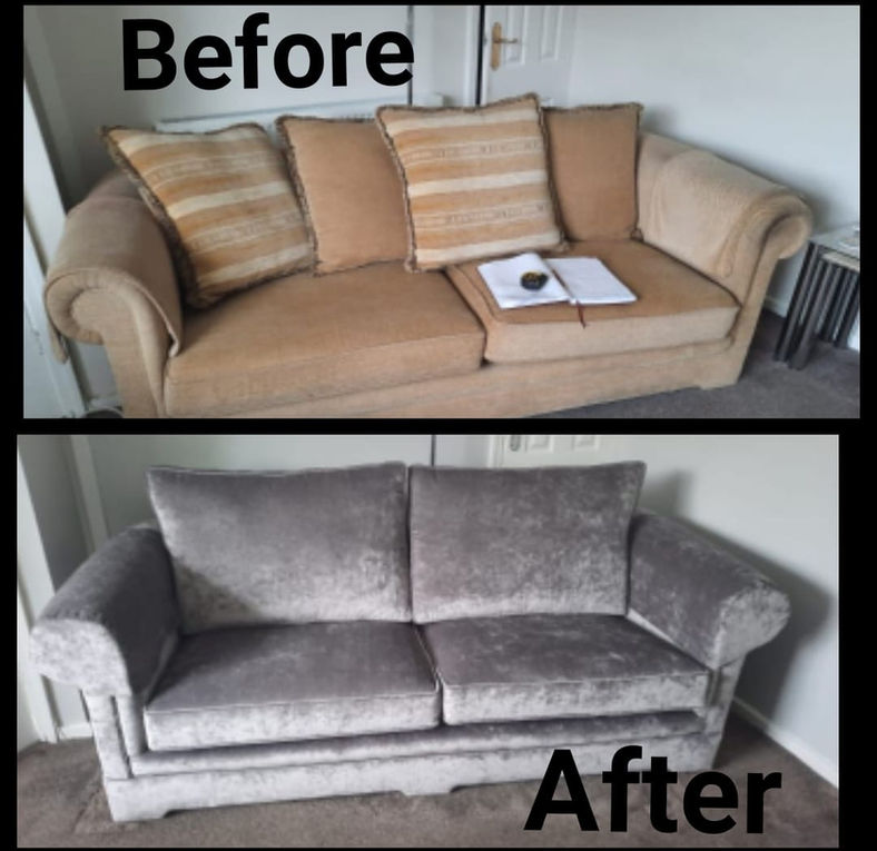 reupholstered sofa from old brown to modern grey sofa