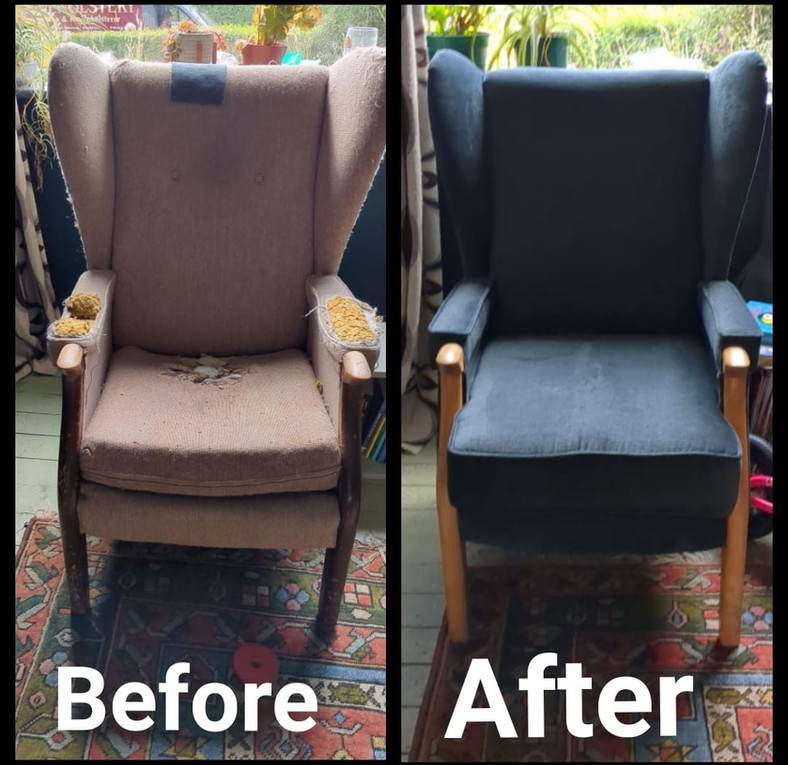 reupholstered chair to modern looking dark blue chair