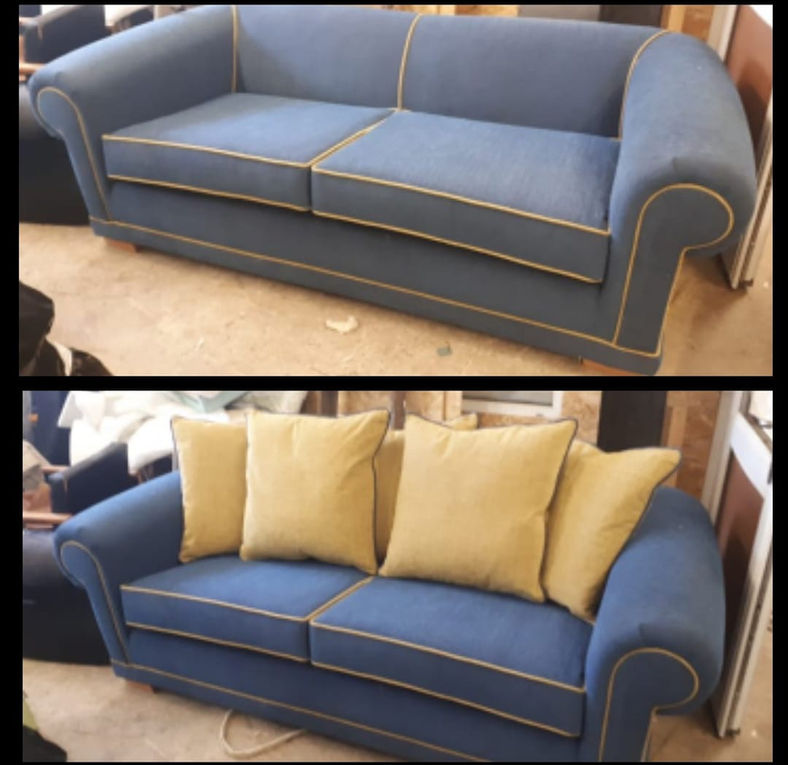 reupholstered sofa from light blue to dark blue colour