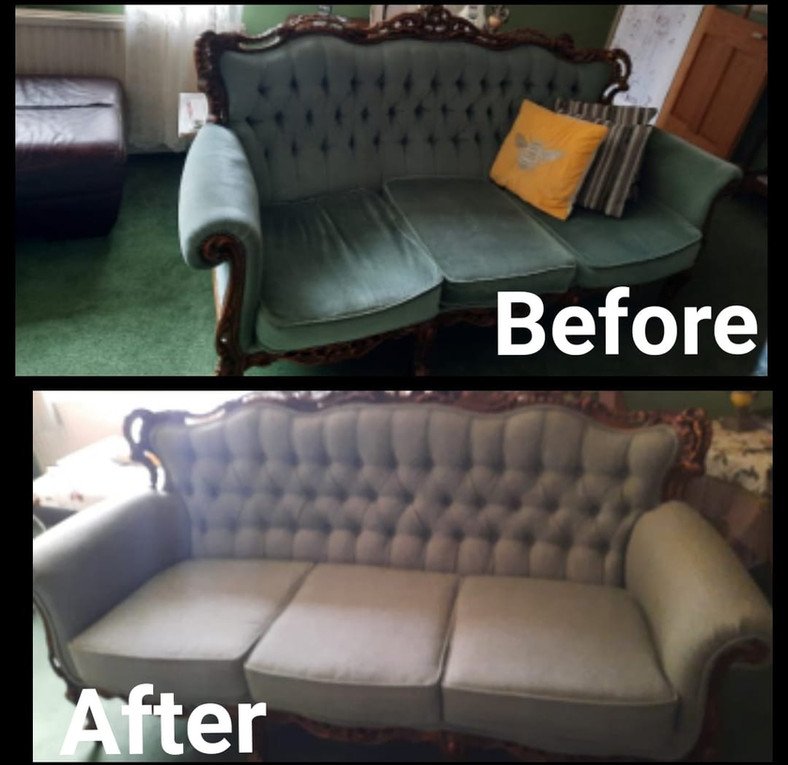 reupholstered sofa from green colour to blue
