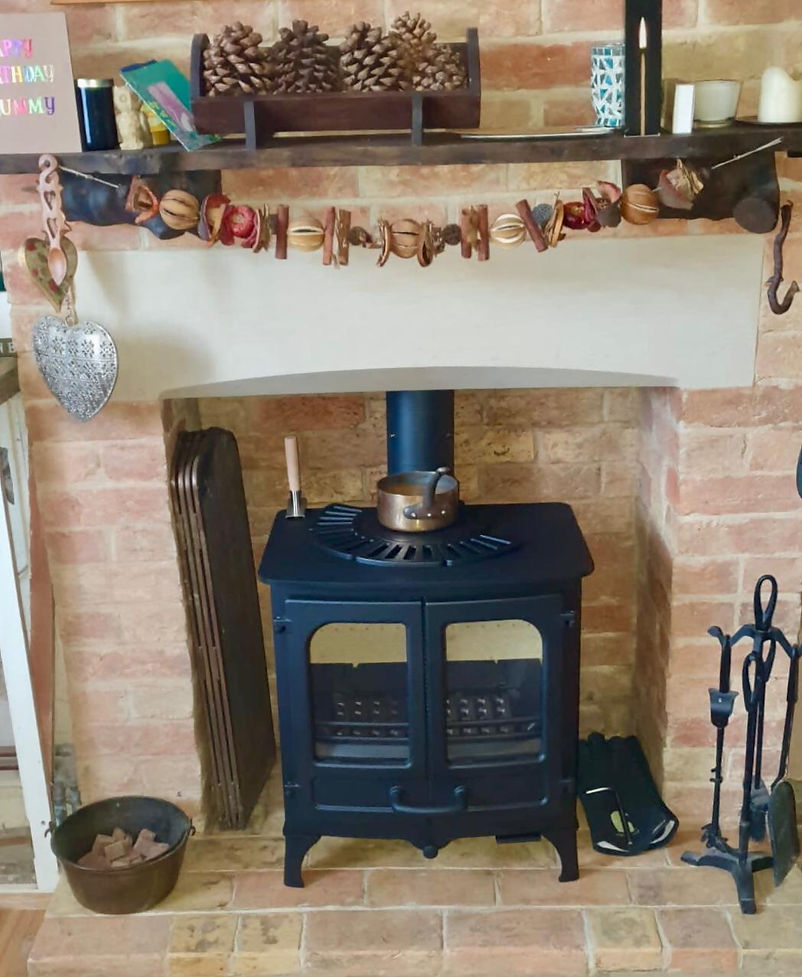 Black wood burning stove in a fireplace