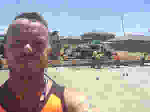 TV presenter Walt Collins on site pouring the slab