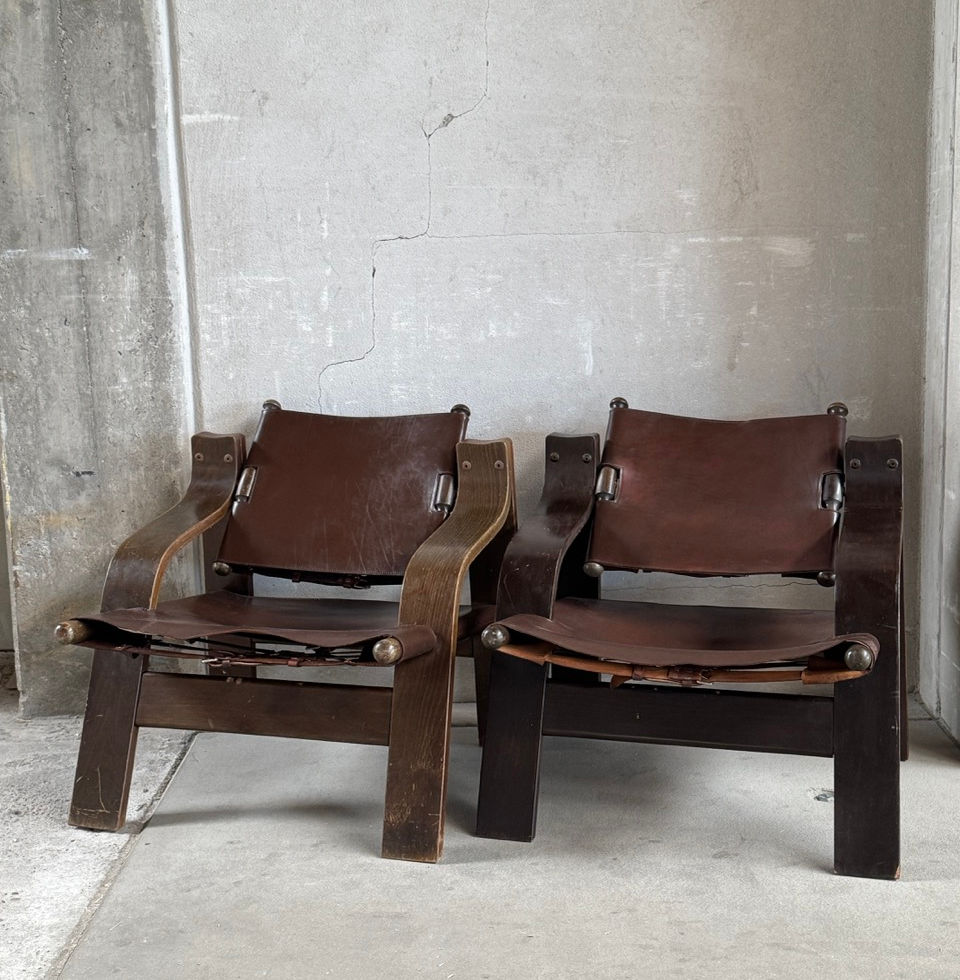 Pair of original 1960s Brutalist French safari lounge chairs shown together