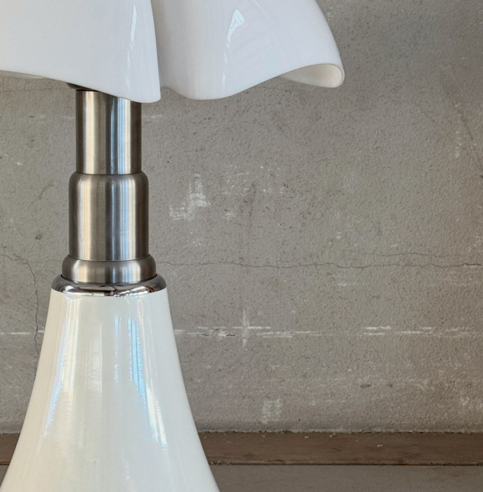 Close-up detail of the satin stainless steel telescopic stem mechanism on the Pipistrello lamp