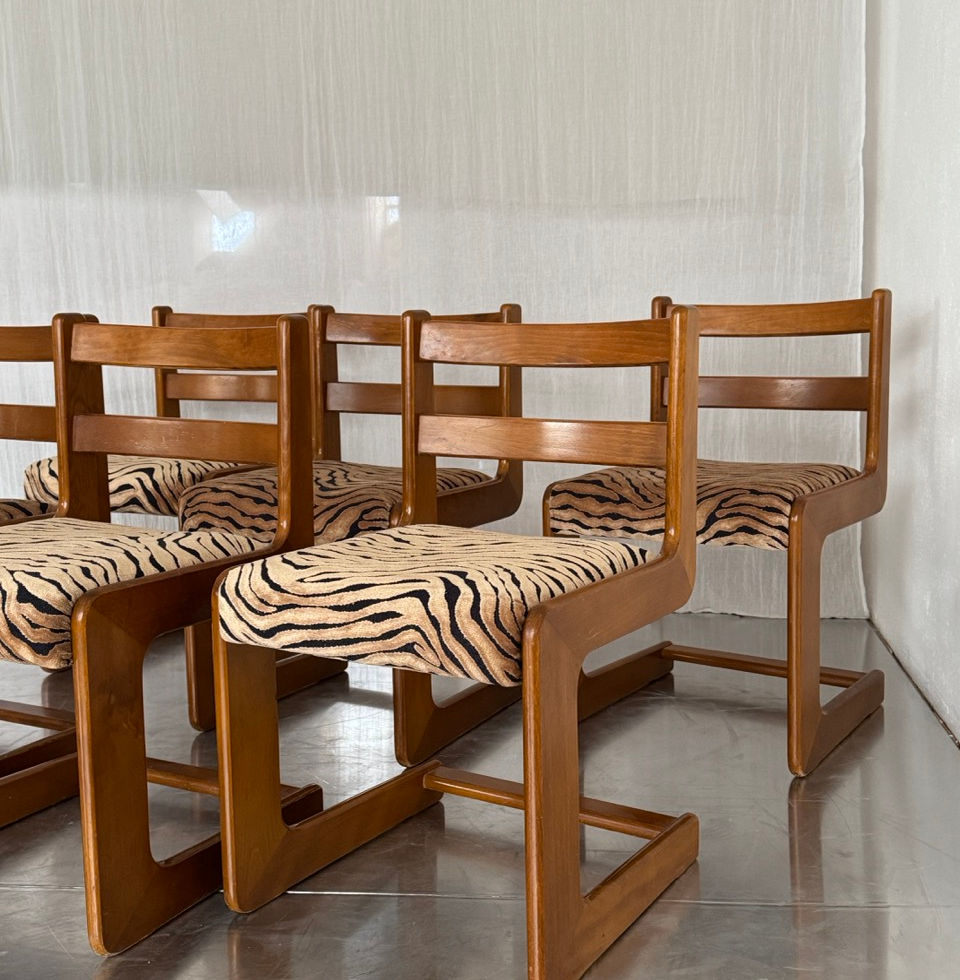 Group of 6 mid-century Casala freischwinger chairs with animal print