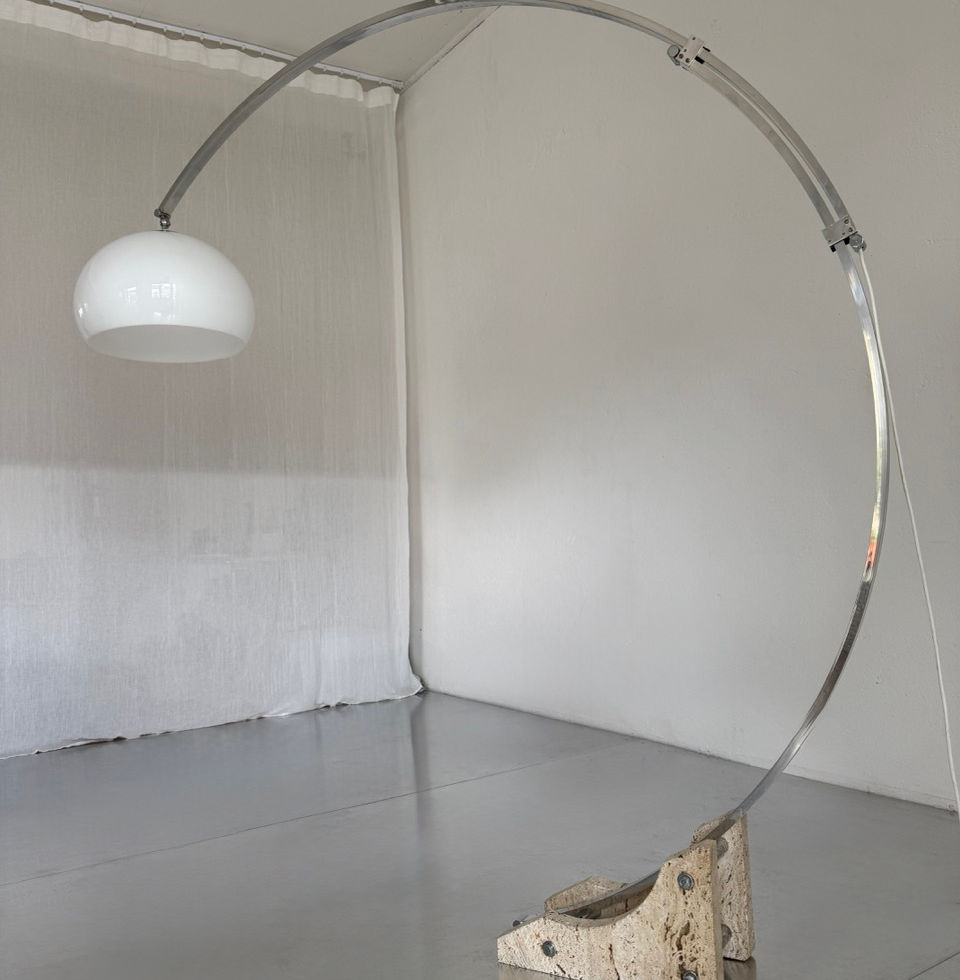 1970s vintage arc floor lamp with travertine base and extended aluminium arm