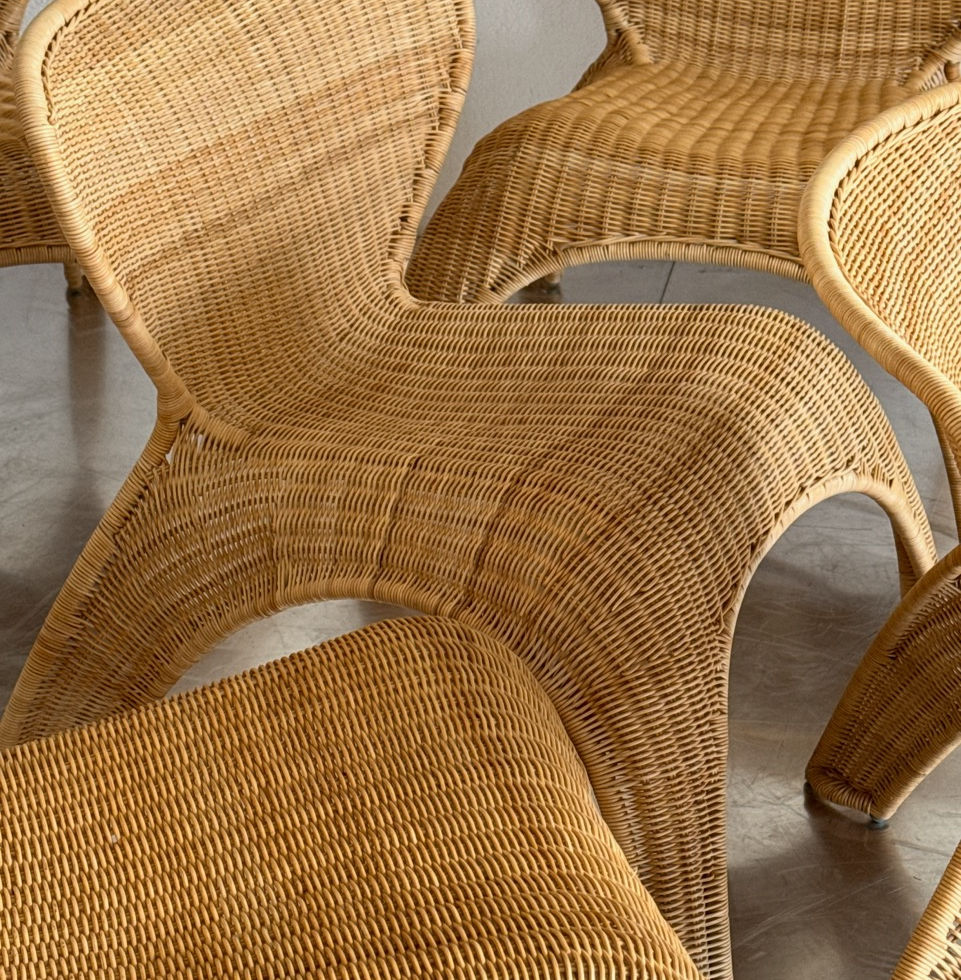 Set of 5 rare vintage IKEA Gulte woven lounge chairs in a group