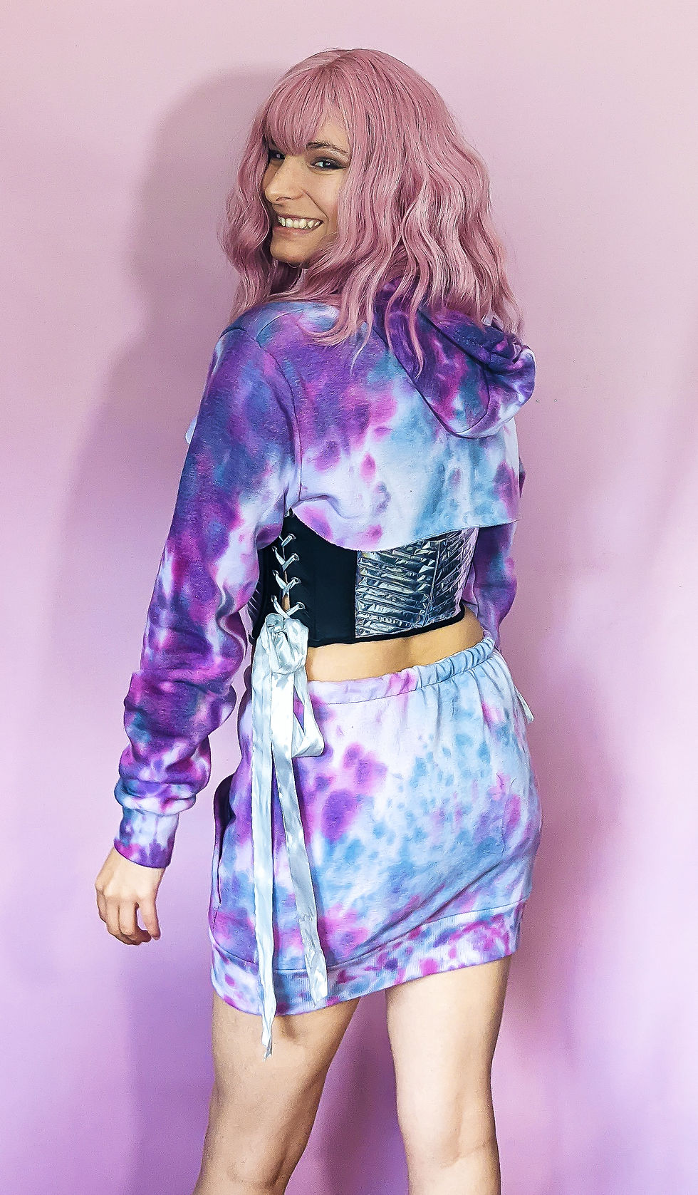 Thumbnail: One Off Upcycled Purple Tie dye Cropped Hoodie and Skirt Set