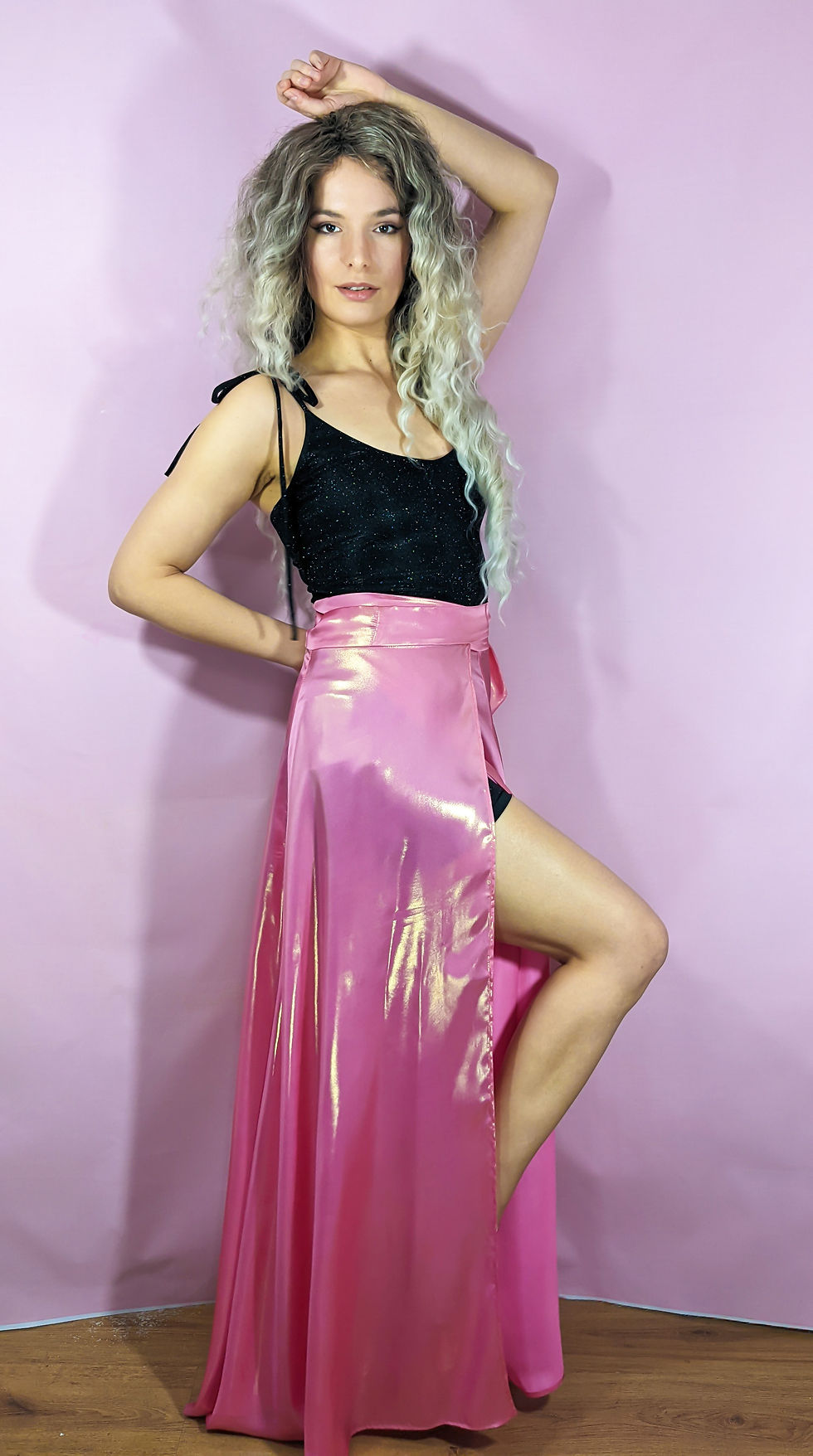 Thumbnail: Gold Shimmering Candy Pink Wrap Liquid Satin Skirt