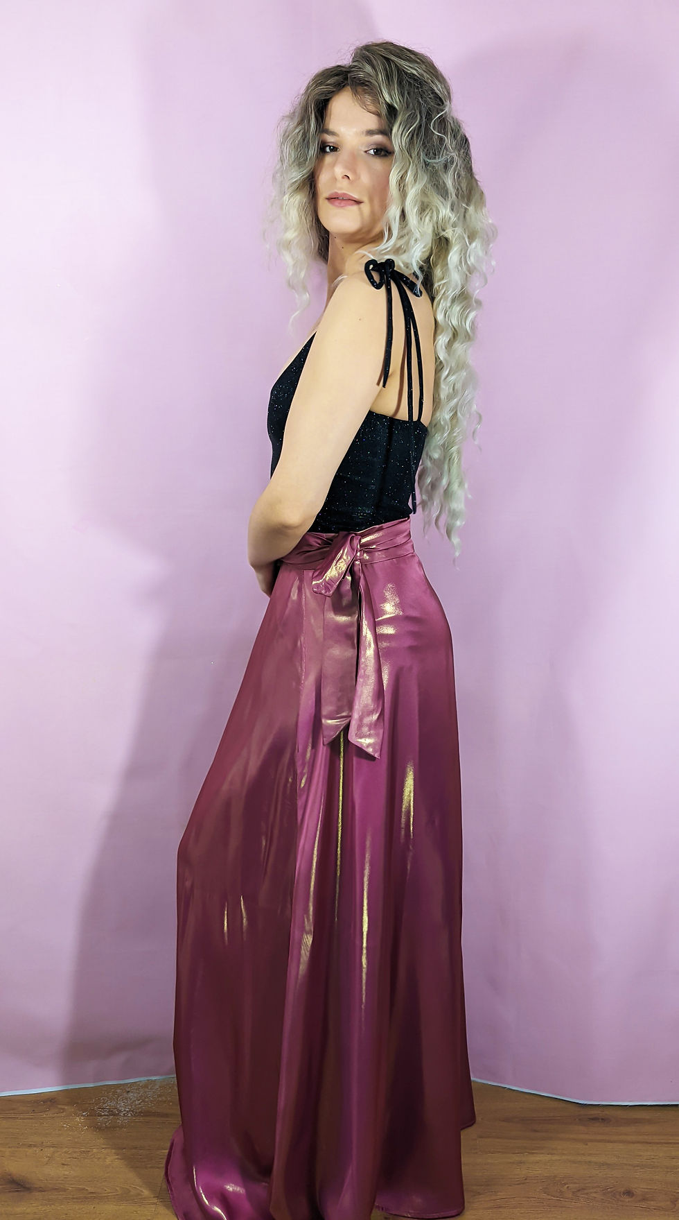 Thumbnail: Gold Shimmering Mink Pink Wrap Liquid Satin Skirt