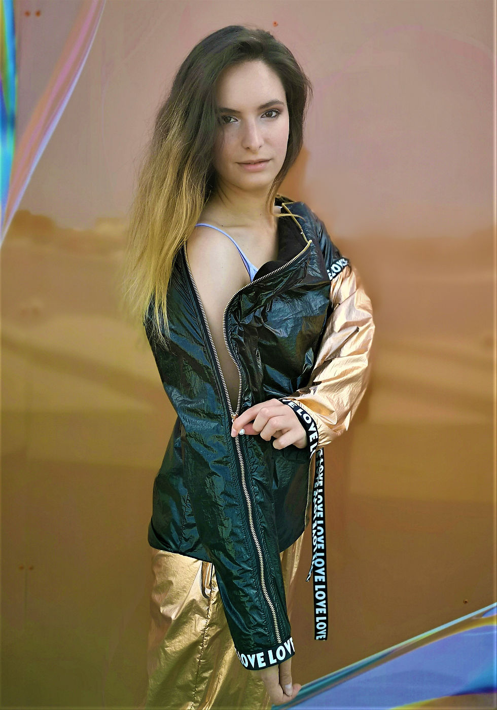 Thumbnail: Antique Gold and Black Metallic Waterproof Zipper Pullover
