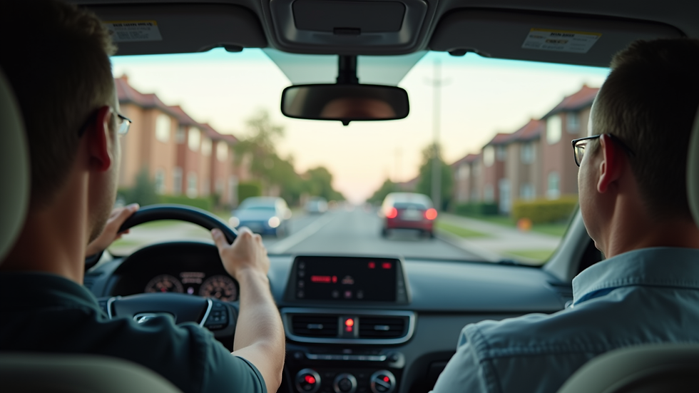 Wide angle view of a driving instructor calmly guiding a learner on a suburban street