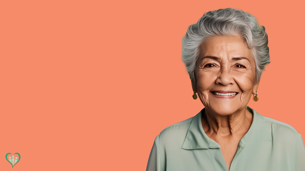 Smiling senior woman with silver hair on orange background