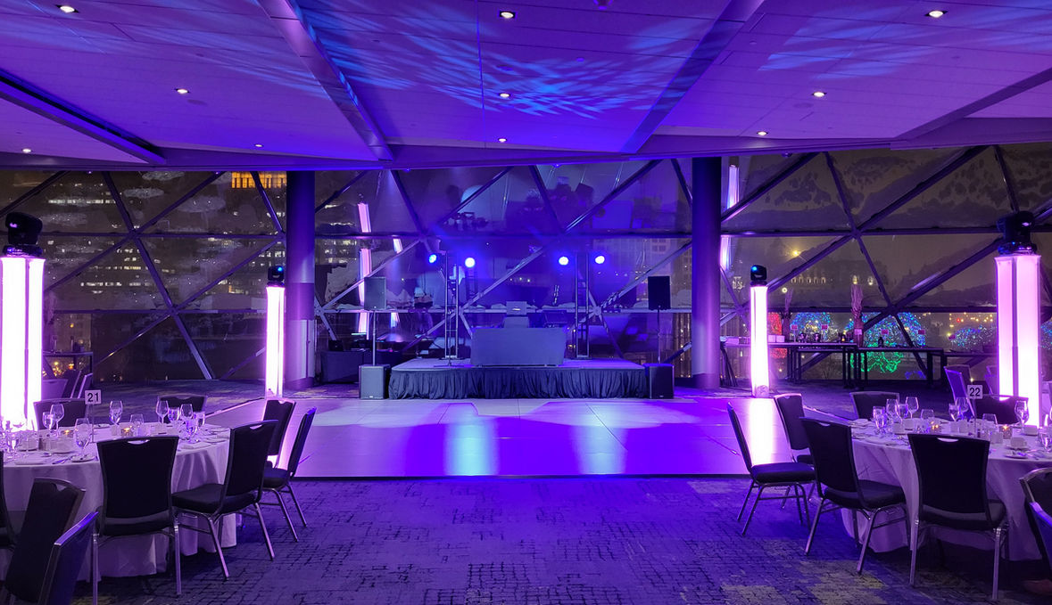 Corporate event setup, 4 glow towers and 2 moving wash light totems