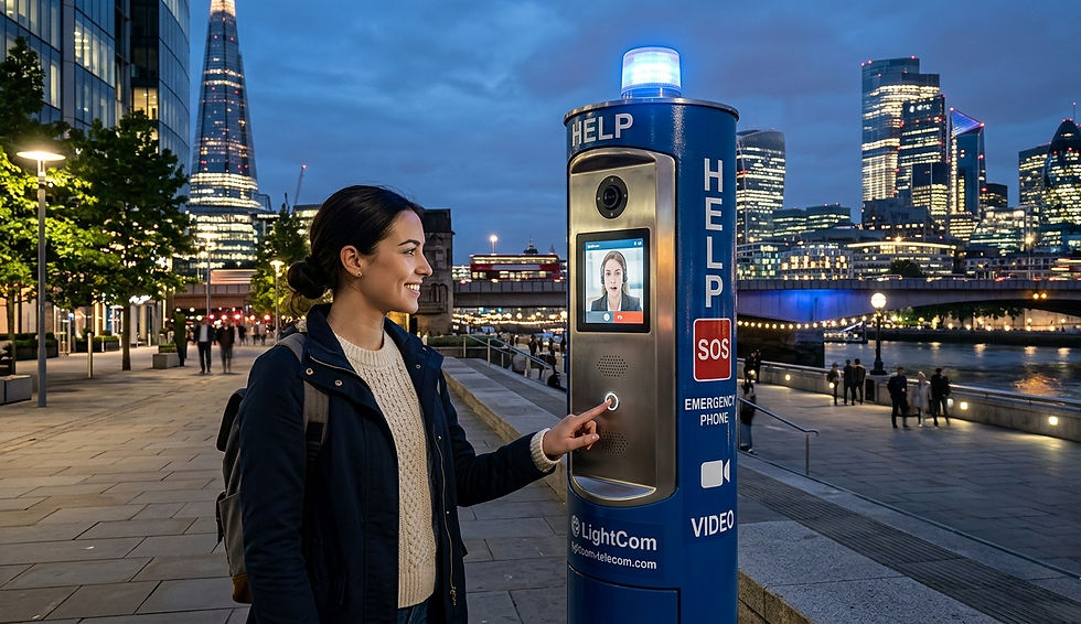 A young woman using a LightCom blue light emergency phone tower in a modern smart city setting at twilight, with a video call active on the screen showing a remote operator.
