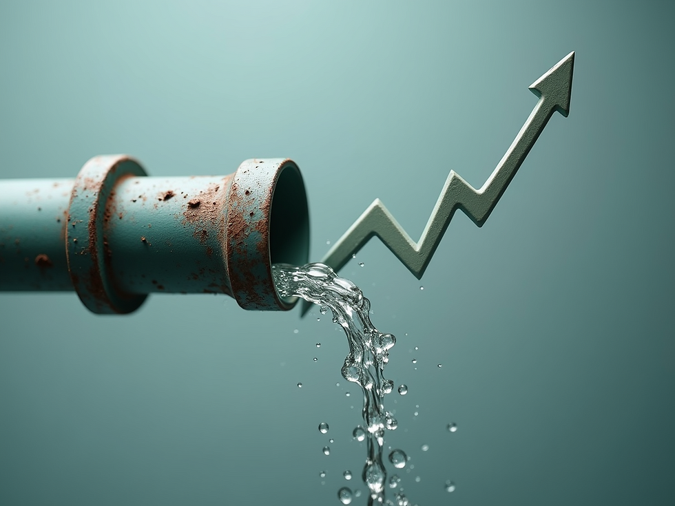 A rusty pipe leaking liquid is superimposed on an arrow depicting growth. All on a light green background
