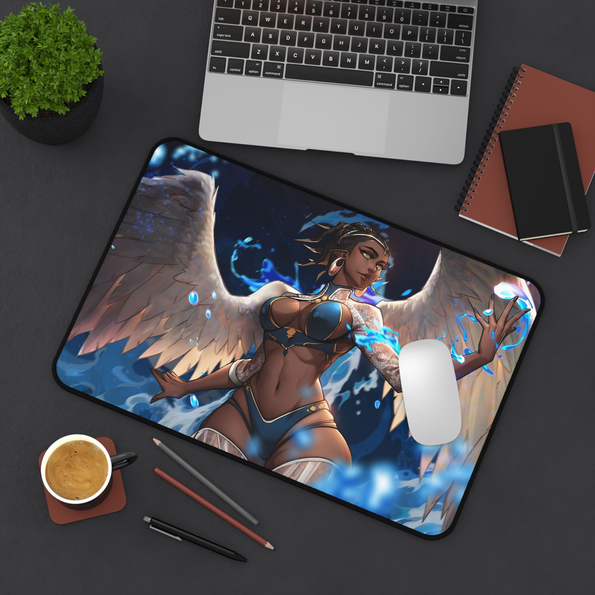 Angel Warrior Illustration Desk Mat | Fantasy Winged Sorceress Mouse Pad