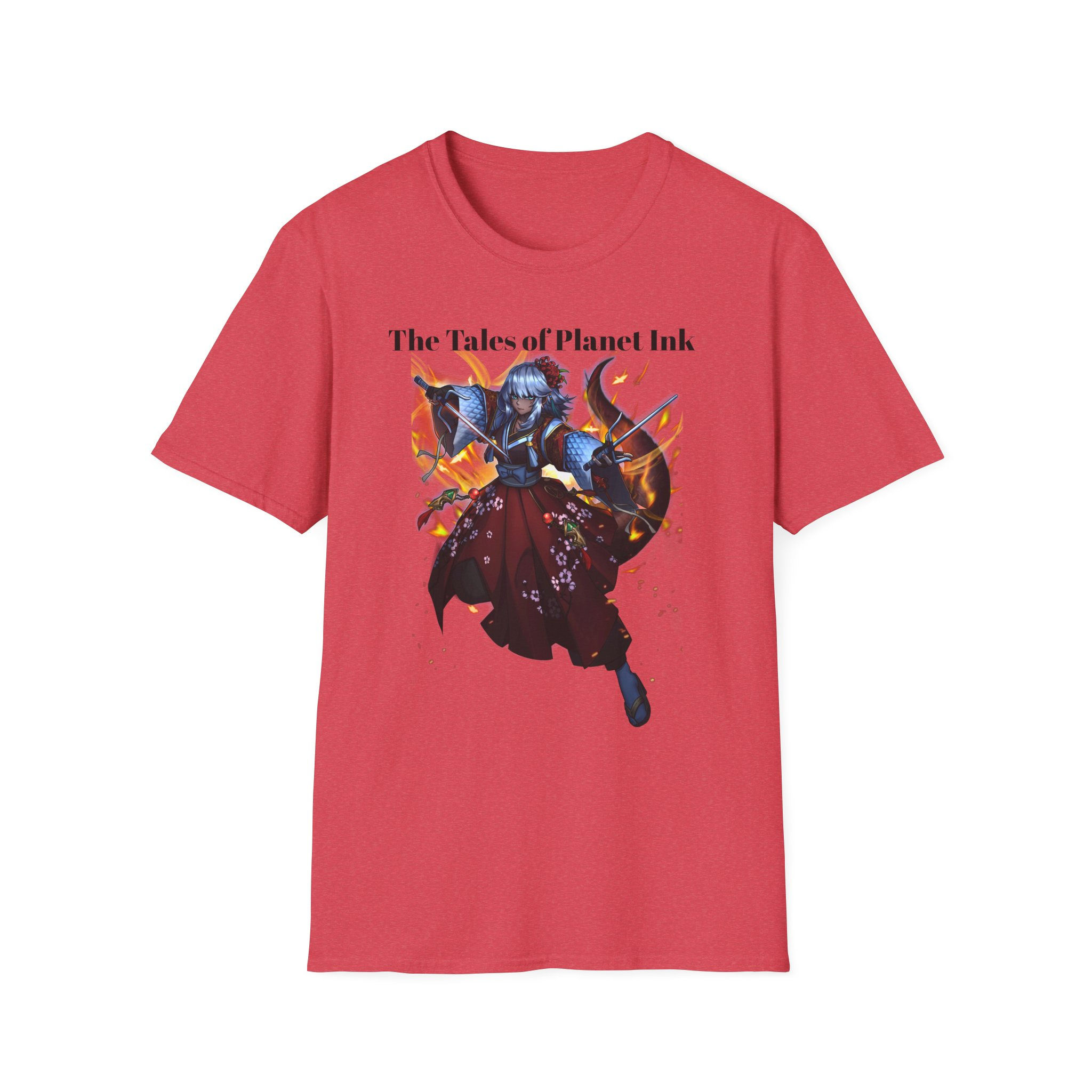 Blue Samurai Warrior T-Shirt | Anime Swordfighter Illustration, Floral Accents