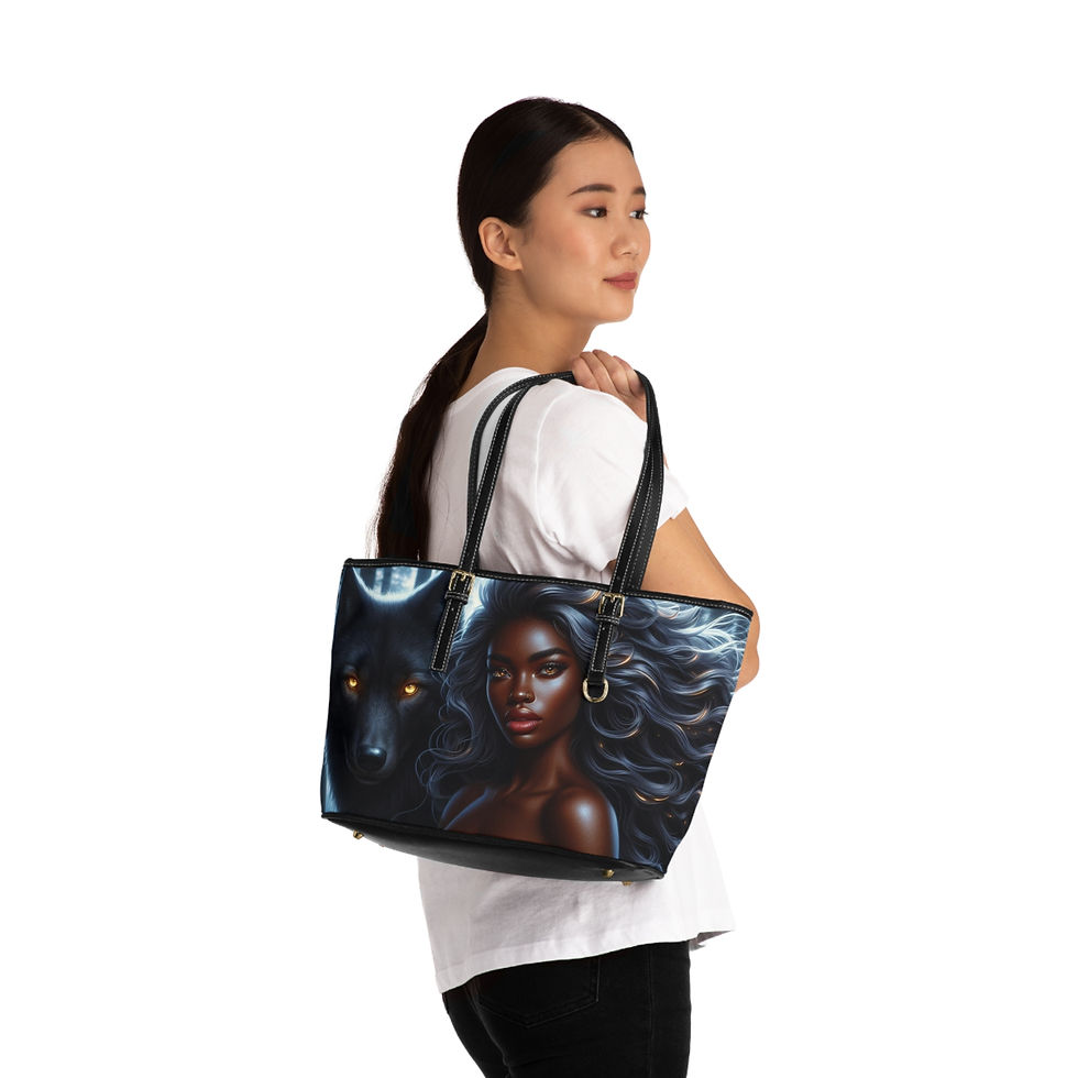 Thumbnail: Mystic Wolf & Moon PU Leather Shoulder Bag – African Goddess Art Tote