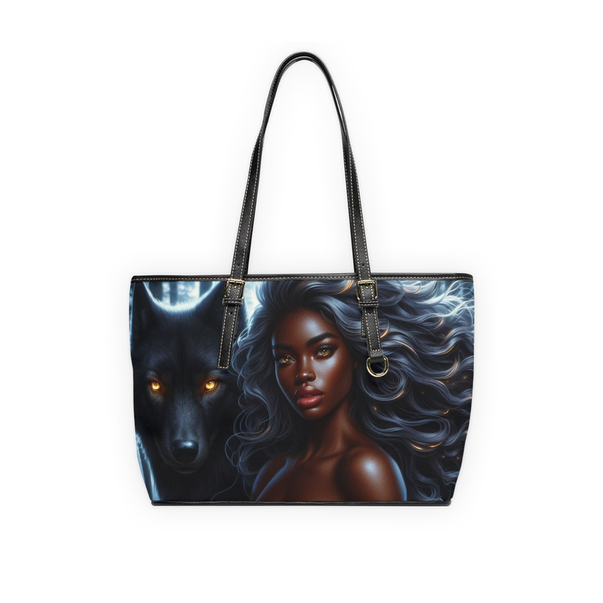 Mystic Wolf & Moon PU Leather Shoulder Bag – African Goddess Art Tote