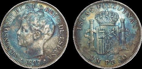 Spanish-Philippine silver one peso coin dated 1897 featuring young Alfonso XIII portrait and crowned arms reverse
