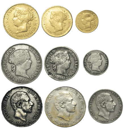 Spanish-Philippine Alfonso XII and Isabella II Gold and Silver Coins