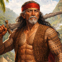 Lapu-Lapu fantasy warrior artwork inspired by the Battle of Mactan and pre-colonial Philippine history, featuring traditional tattoos, kampilan sword, and coastal village scenery