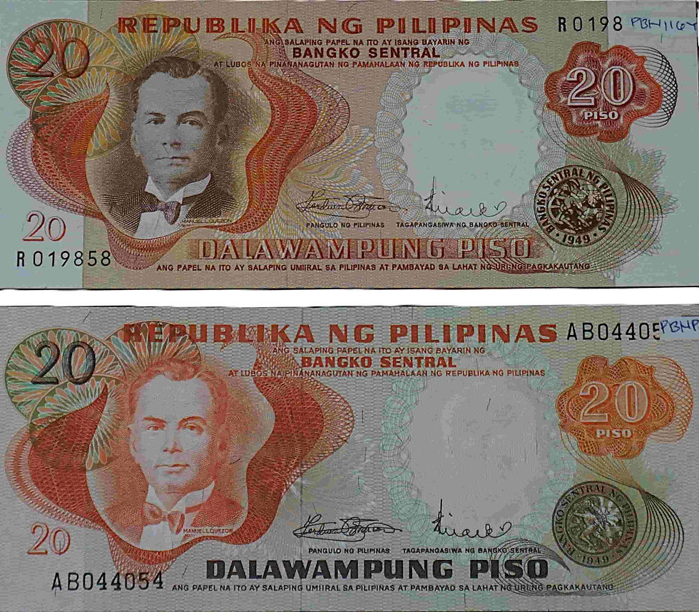 Comparison of Philippine Pilipino Series 20 piso banknotes showing different printing varieties, including changes in color tone, serial number style, and overall banknote appearance featuring President Manuel L. Quezon.