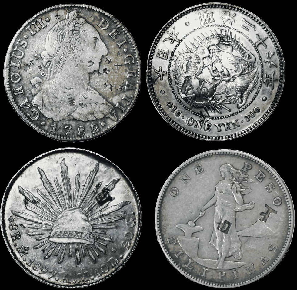 chopmarked coins from the Philippines Spanish 8 reales Japanese yen and U.S.-Philippine peso with merchant marks silver trade coins