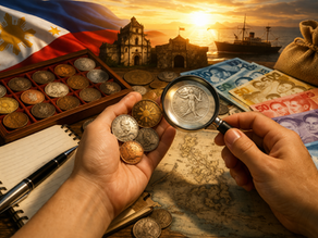 Collector examining Philippine coins with a magnifying glass, surrounded by banknotes, historical imagery, and a Philippine flag representing the country’s numismatic history