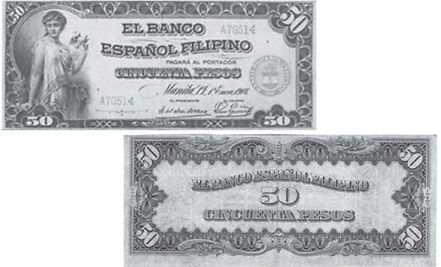 El Banco Español Filipino 50 pesos banknote dated 1908 featuring allegorical figure, Spanish text, and detailed engraved design