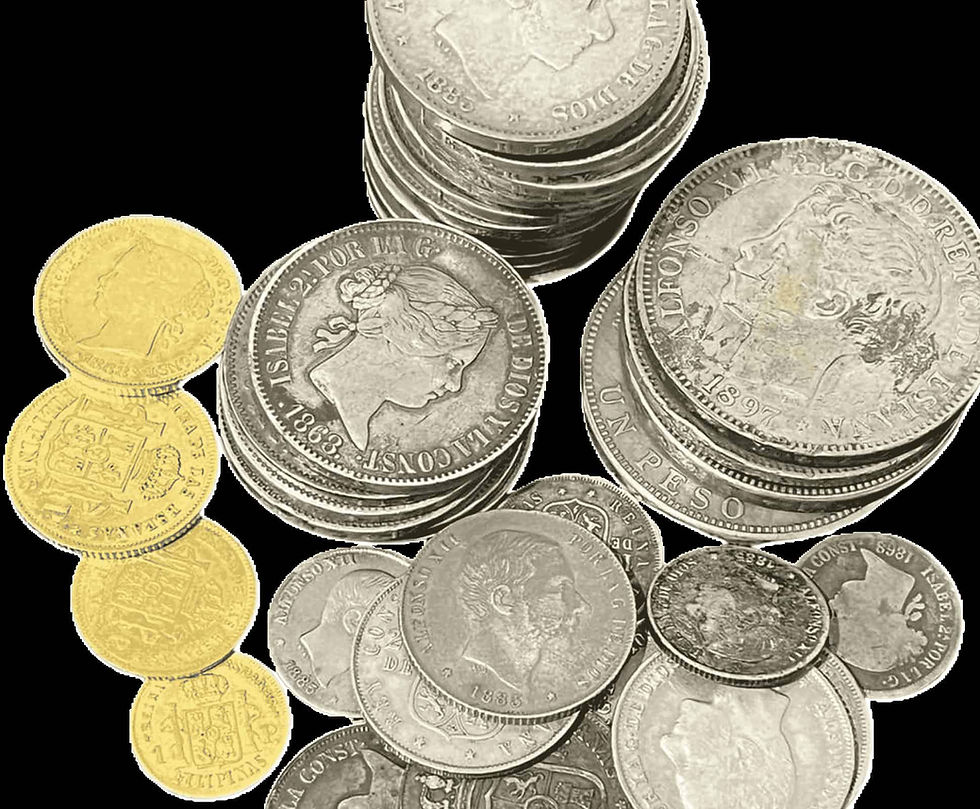 Spanish-Philippine coin collection featuring gold and silver coins of Queen Isabella II, Alfonso XII, and Alfonso XIII, including pesos and centavos from the Manila Mint and Royal Mint of Madrid.