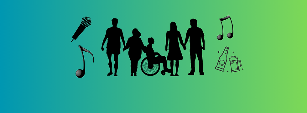 Logo for The Hideout big social. A silhouette of 5 people stood together, the centre person is sat in a wheelchair and has two people stood next to them on either side. The background is a gradient of B light turquoise to light yellow and the writing reads The Hideout Big Social. 