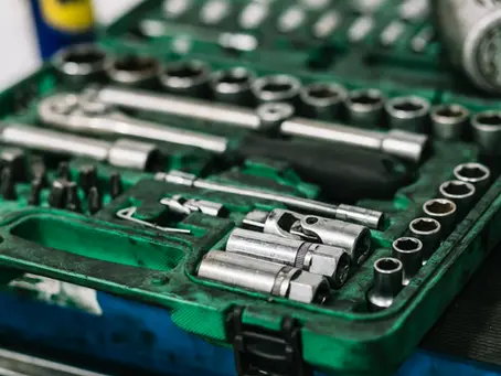 A close up picture of a box of tools.