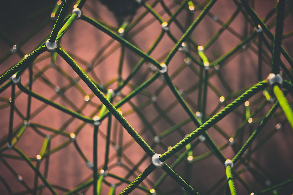 A closeup image of a green 3D lattice made up of rope.