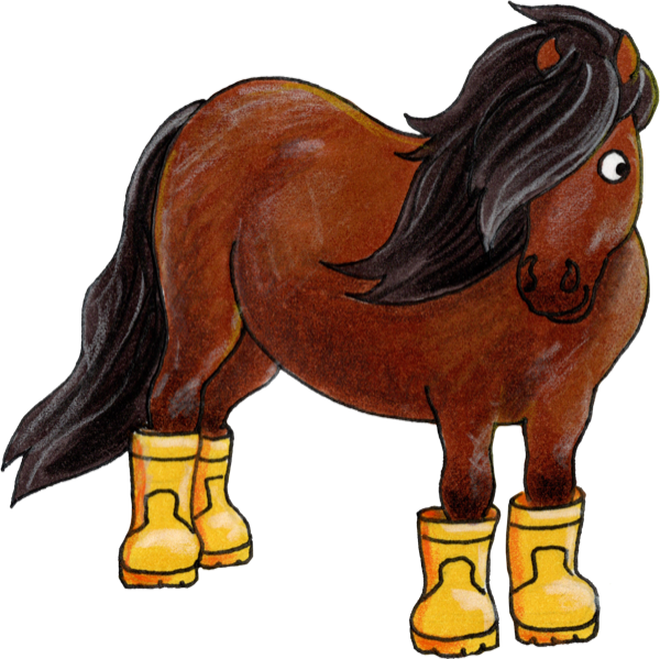 Illustration: braunes Pony mit gelben Gummistiefeln für die Herbstferien