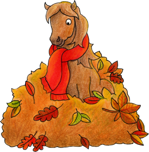 Illustration: Pony mit rotem Schal im Herbstlaub