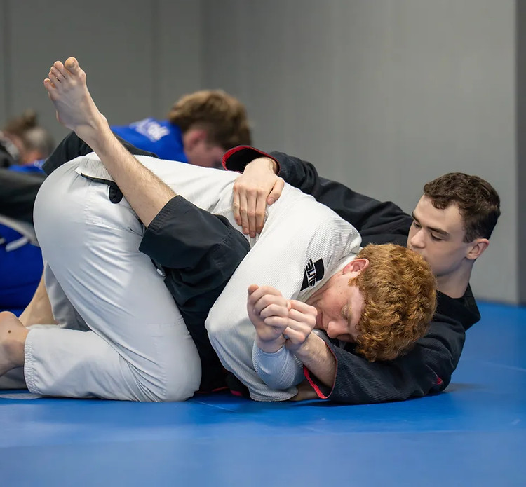 Adult Jiu Jitsu in Hoover AL: students grappling on mats.