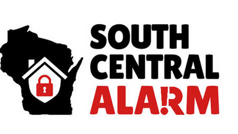 South Central Alarm logo design by Dellside Digital black Wisconsin state silhouette with a red house and padlock icon, paired with a bold black and red wordmark, for a home security company.