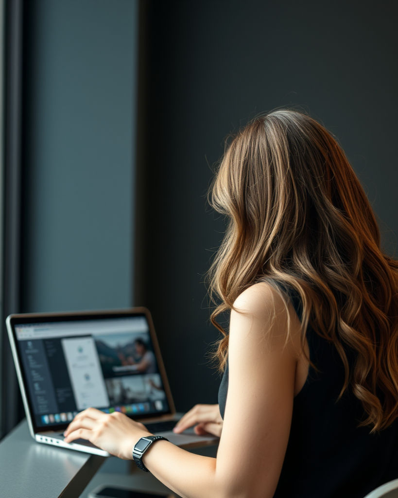 Allie Keesee, founder and digital marketing strategist at Dellside Digital, working on a laptop at a cafe in Central Wisconsin.