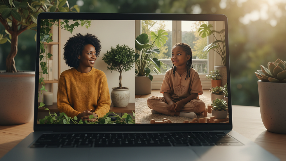 Close-up view of a laptop screen showing a virtual therapy session with a child and therapist