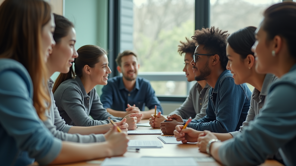 Eye-level view of a classroom with diverse students engaged in group discussion