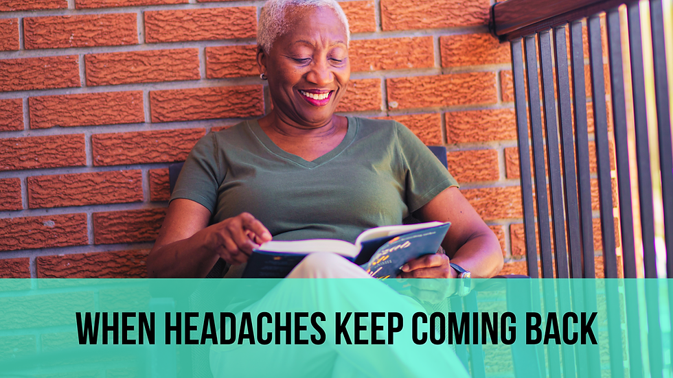 Woman enjoying a quiet afternoon reading outdoors after finding relief from recurring headaches and migraines.