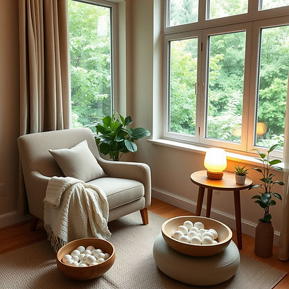 A calm therapy room corner_ one comfortable armchair angled beside a large window with sof
